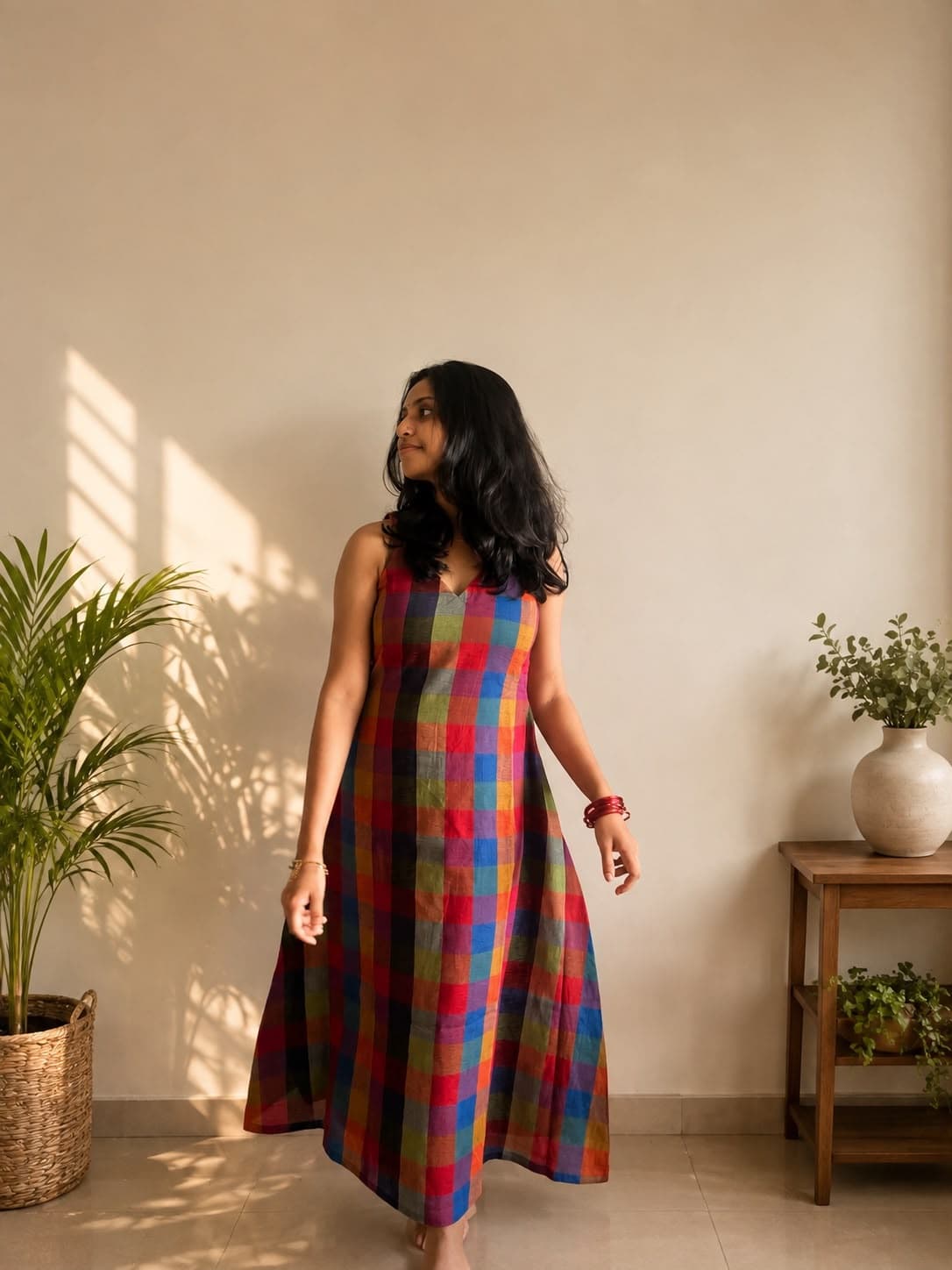 Kanni Check Dress in multicolour handloom checks, full view