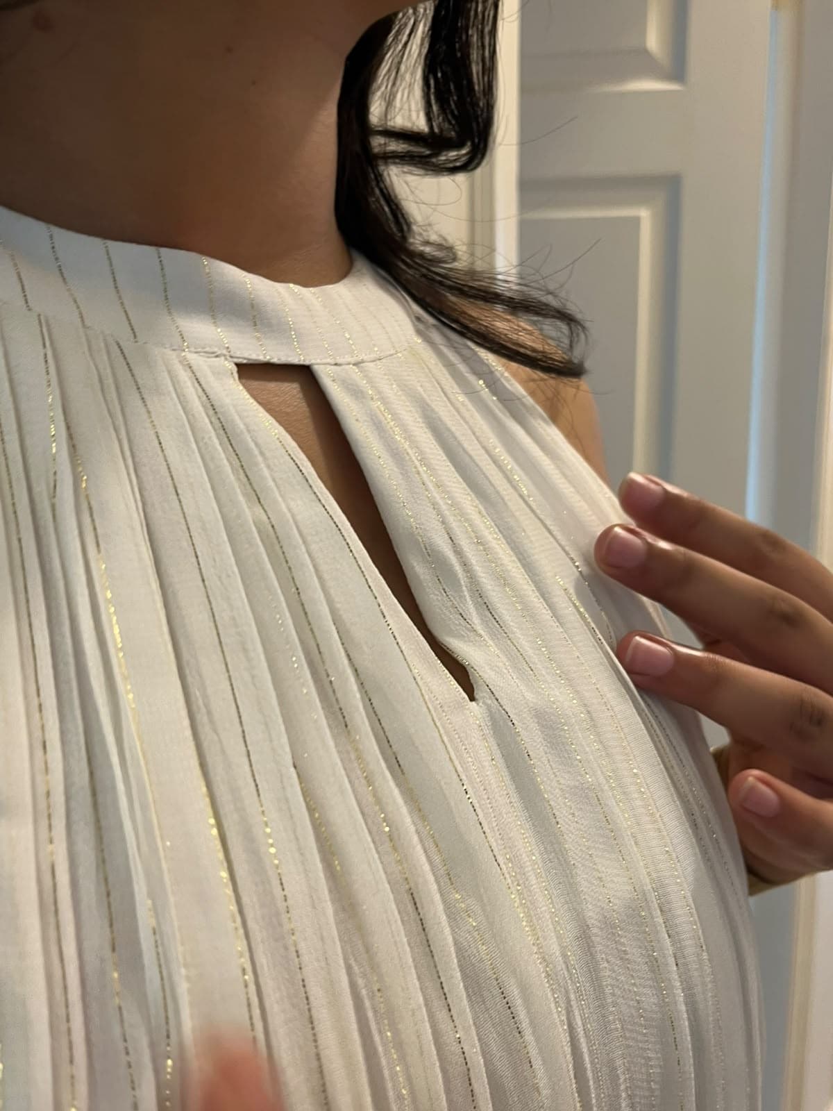 Nilavu Pleated Halter — gold pinstripe pleats and keyhole neckline